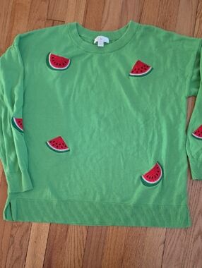 Ladies Belle By Kim Gravel Lime Green Watermelon Appliqué Sweater